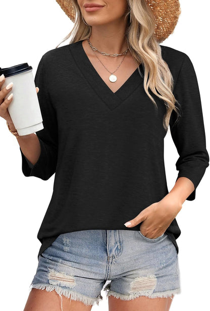 NEW🔥 Women's V Neck 3/4 Long Sleeve  Loose Fit  Tops