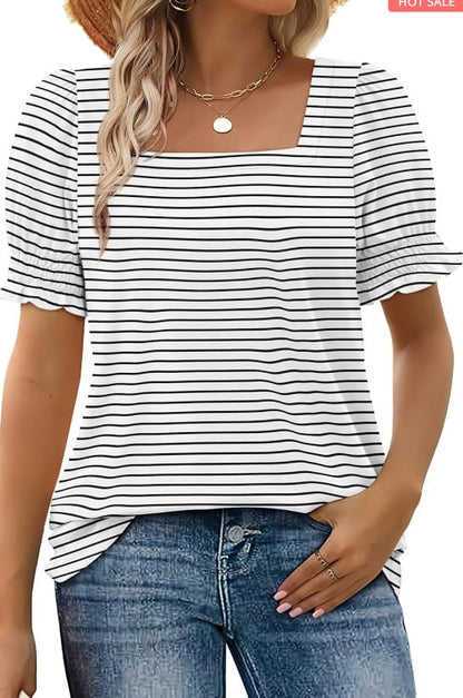 🔥 Tops for Women Summer Casual Ruffle Trim Sleeve Square Neck T Shirts