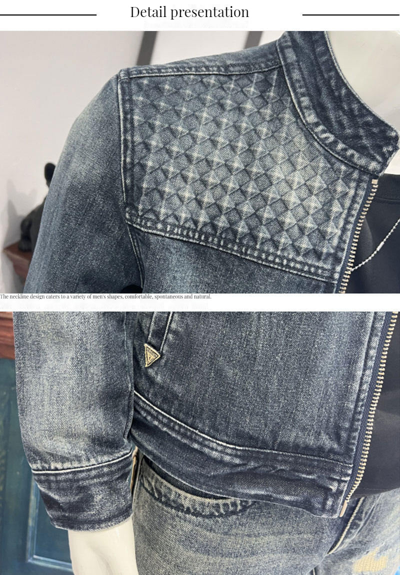 Personalized Stand Collar Motorcycle Denim Jacket Embossed Denim Clothing