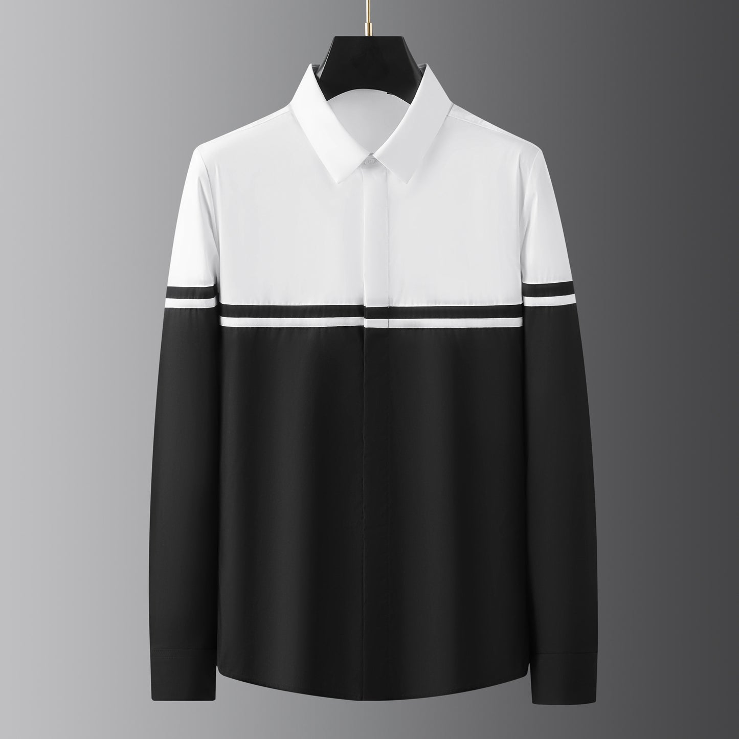 Black and white colorblocked men's long-sleeved shirt