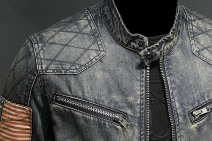 Men's spring denim jacket with stand collar and zipper