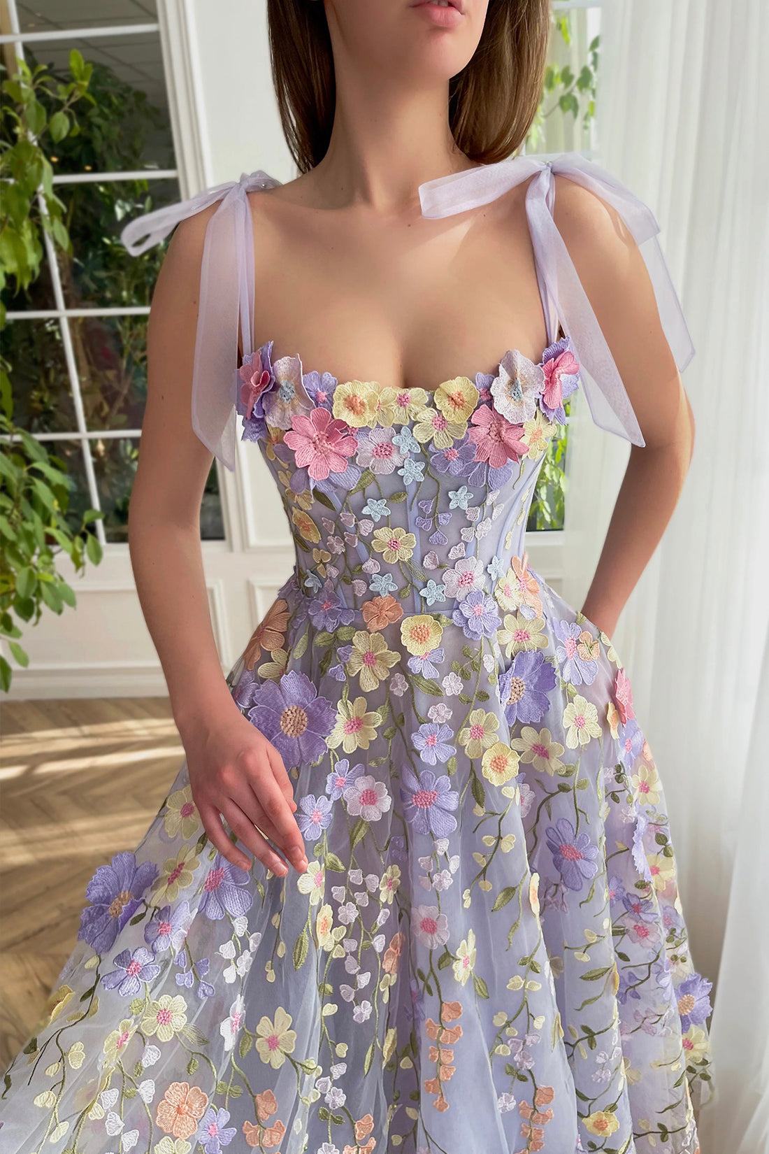 Beautiful A-Line Lilac Tea Length Party Dress with 3D Flowers