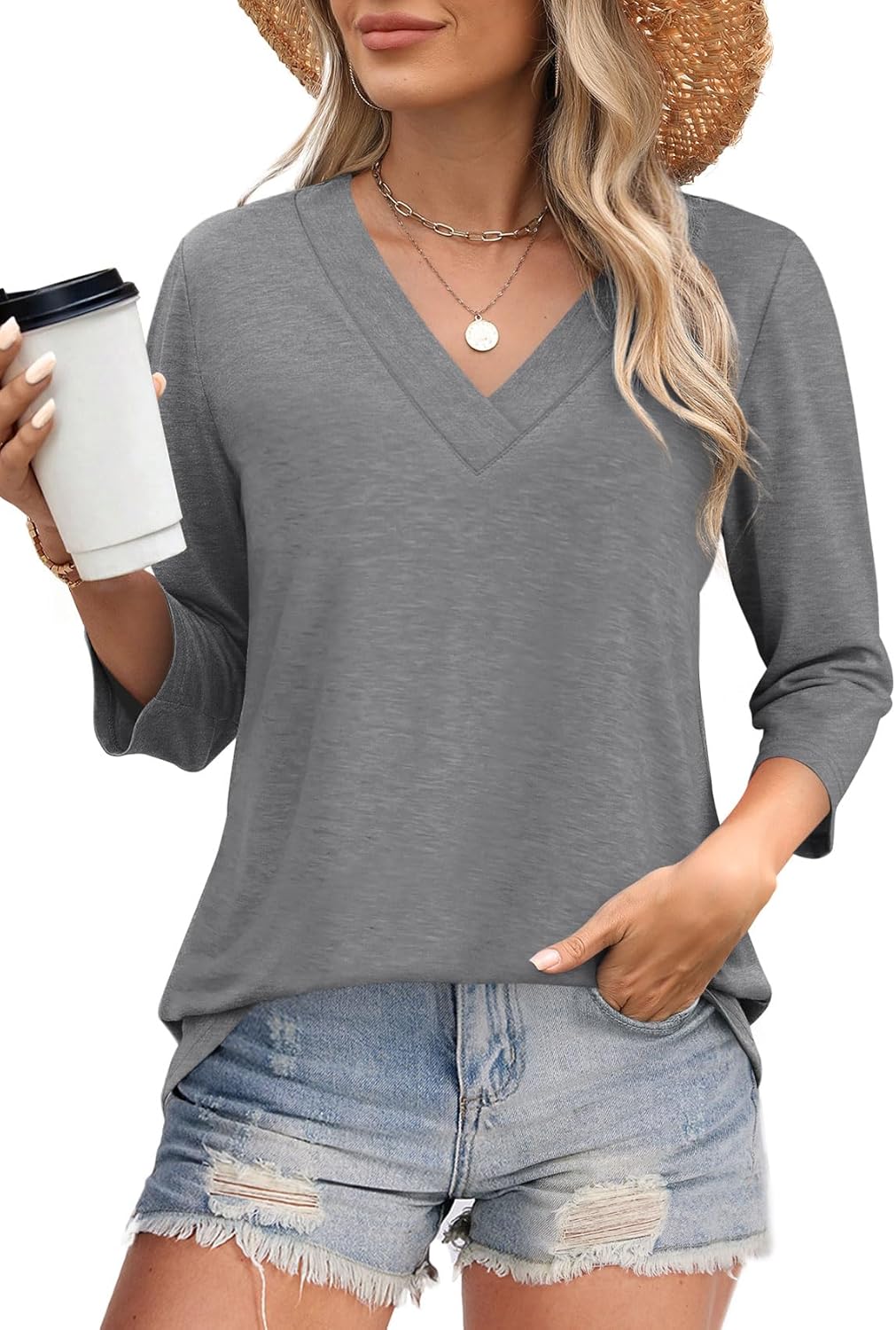 NEW🔥 Women's V Neck 3/4 Long Sleeve  Loose Fit  Tops
