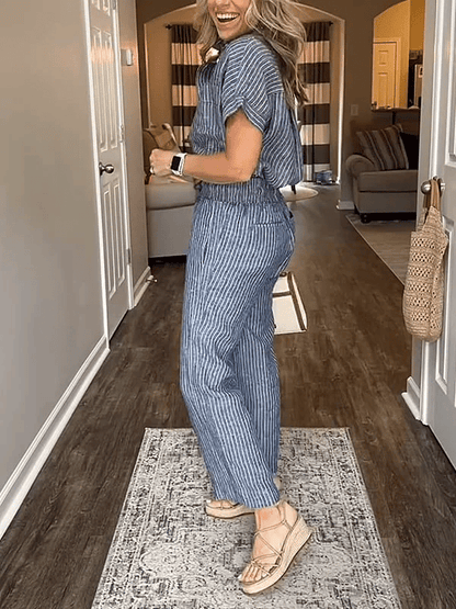 Classic Striped Linen Cotton Shirt Set With Pockets