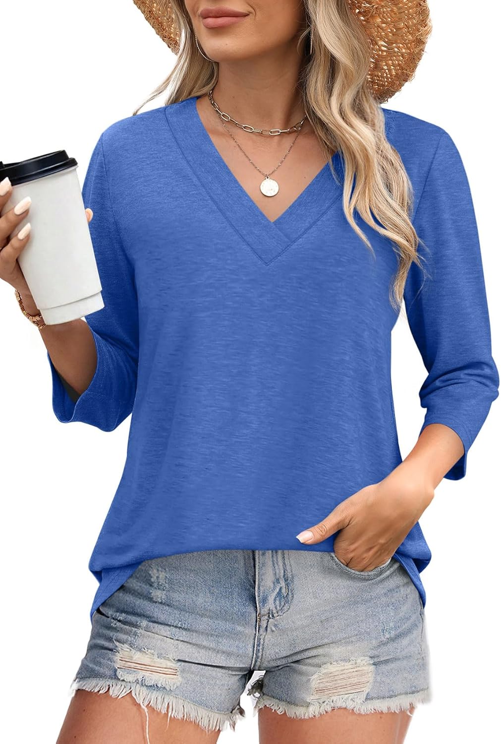 NEW🔥 Women's V Neck 3/4 Long Sleeve  Loose Fit  Tops
