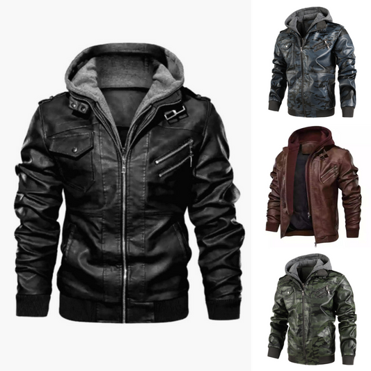 ❄️Men's Zipper PU Leather Hooded Jacket