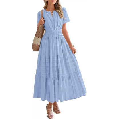 Casual Maxi Dress Lightweight Short Sleeve V Neck Boho Dress with Pockets