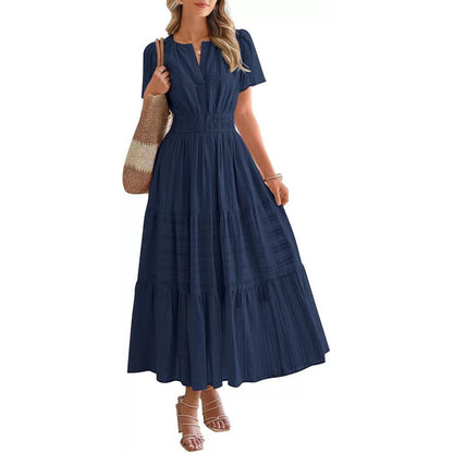 Casual Maxi Dress Lightweight Short Sleeve V Neck Boho Dress with Pockets