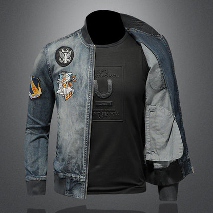 Baseball collar denim jacket Men's slim fit embroidered badge denim jacket tops