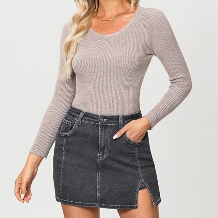 🔥Skorts Skirts for Women Denim Mini Skirt Side Slit with High Waisted Jean Shorts Stretchy