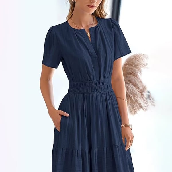 Casual Maxi Dress Lightweight Short Sleeve V Neck Boho Dress with Pockets