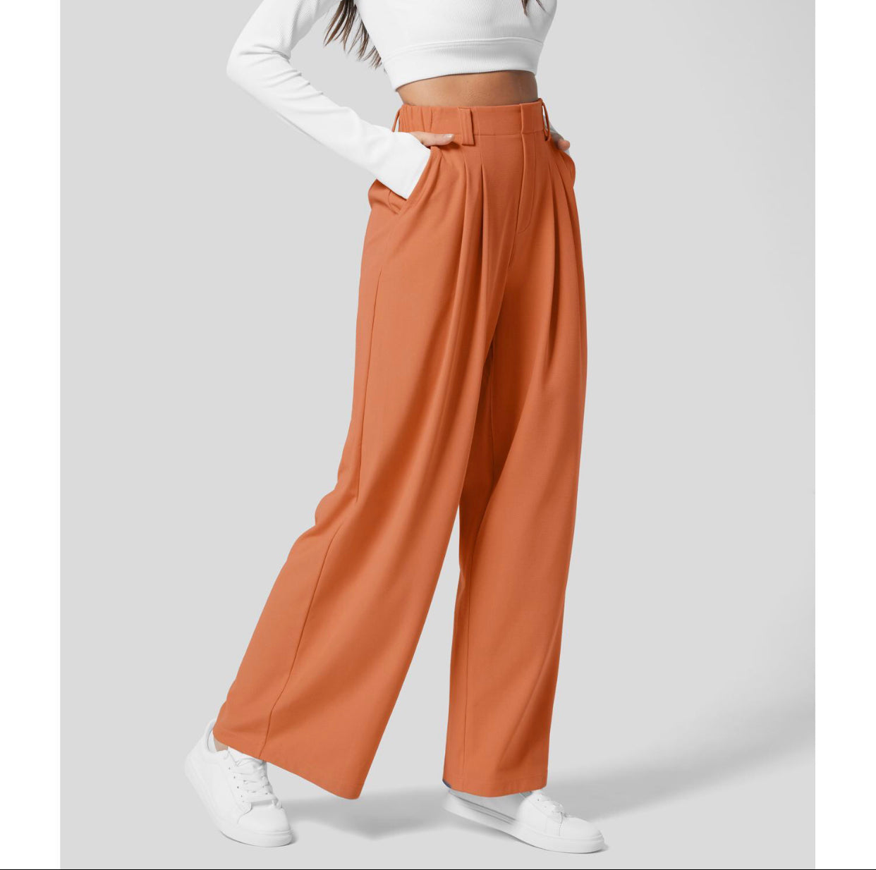 2025 High Waisted Plicated Side Pocket Wide Leg Waffle Casual Pants