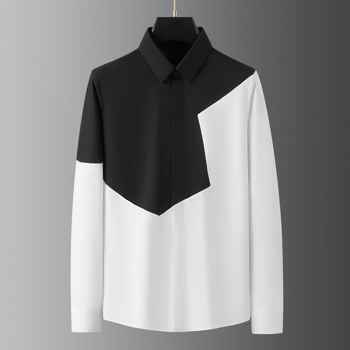 Black and white stitching men's long-sleeved shirt high-end handsome color matching men's long-sleeved shirt