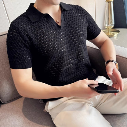 Hollow T-shirt knitted top cool ice silk thin casual half-sleeved Polo shirt trend