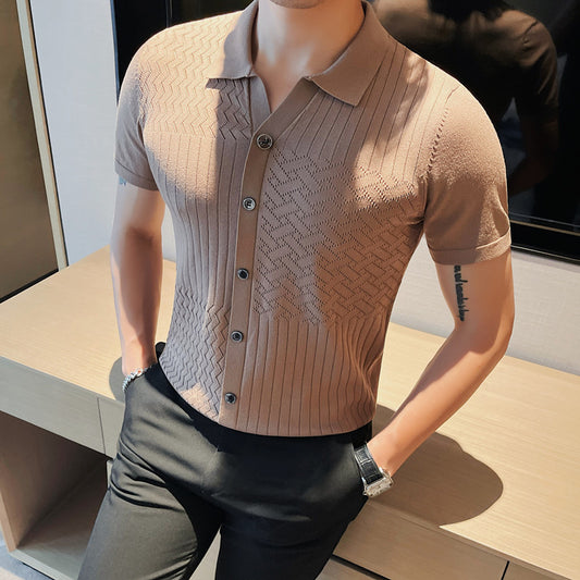Men's short-sleeved polo shirt knitted ice silk slim striped T-shirt