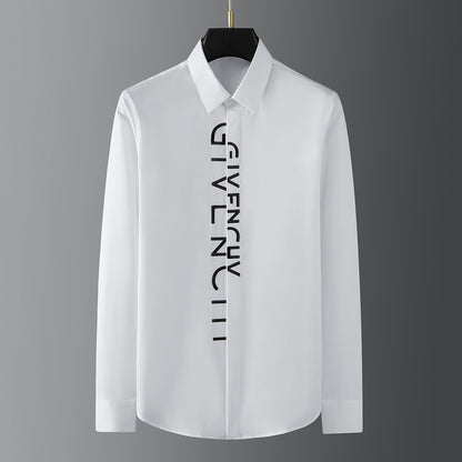 High-end men's long-sleeved shirt with random letters embroidered on the placket