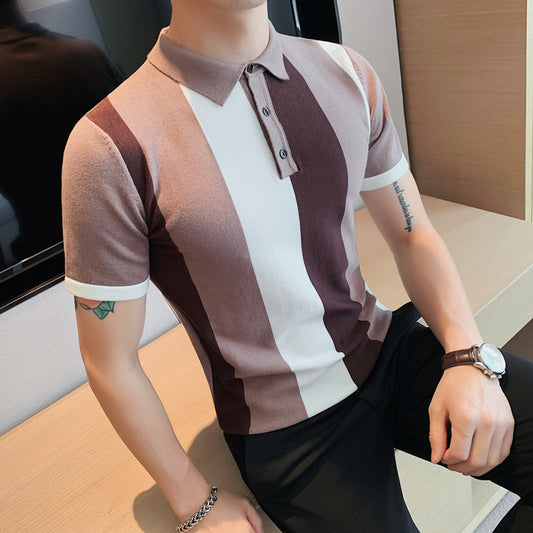 Striped Colorblock Short Sleeve Polo Shirt Men's High-end Lapel Knitted Ice Silk T-shirt