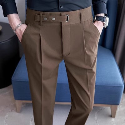 Business suit pants with drape and wrinkle resistance