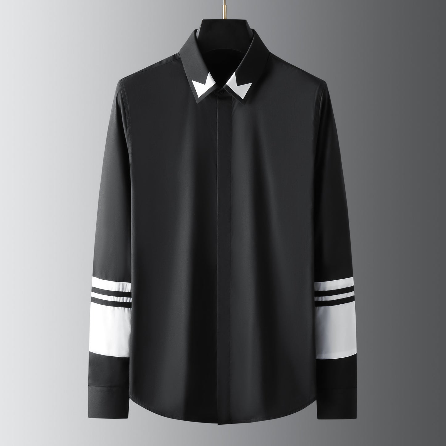 Men's long-sleeved shirt with collar and sleeves in black and white