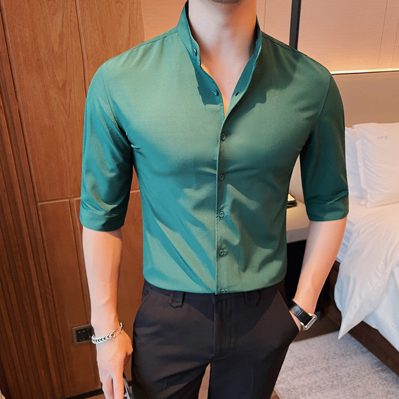 Easy-to-care stand-up collar high-end business mid-length sleeve trendy short-sleeved shirt