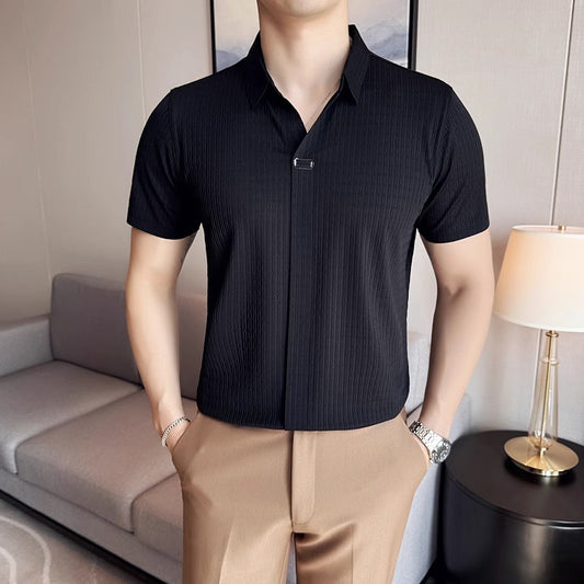 High-end light luxury seamless V-neck Polo shirt men's short-sleeved T-shirt solid color top