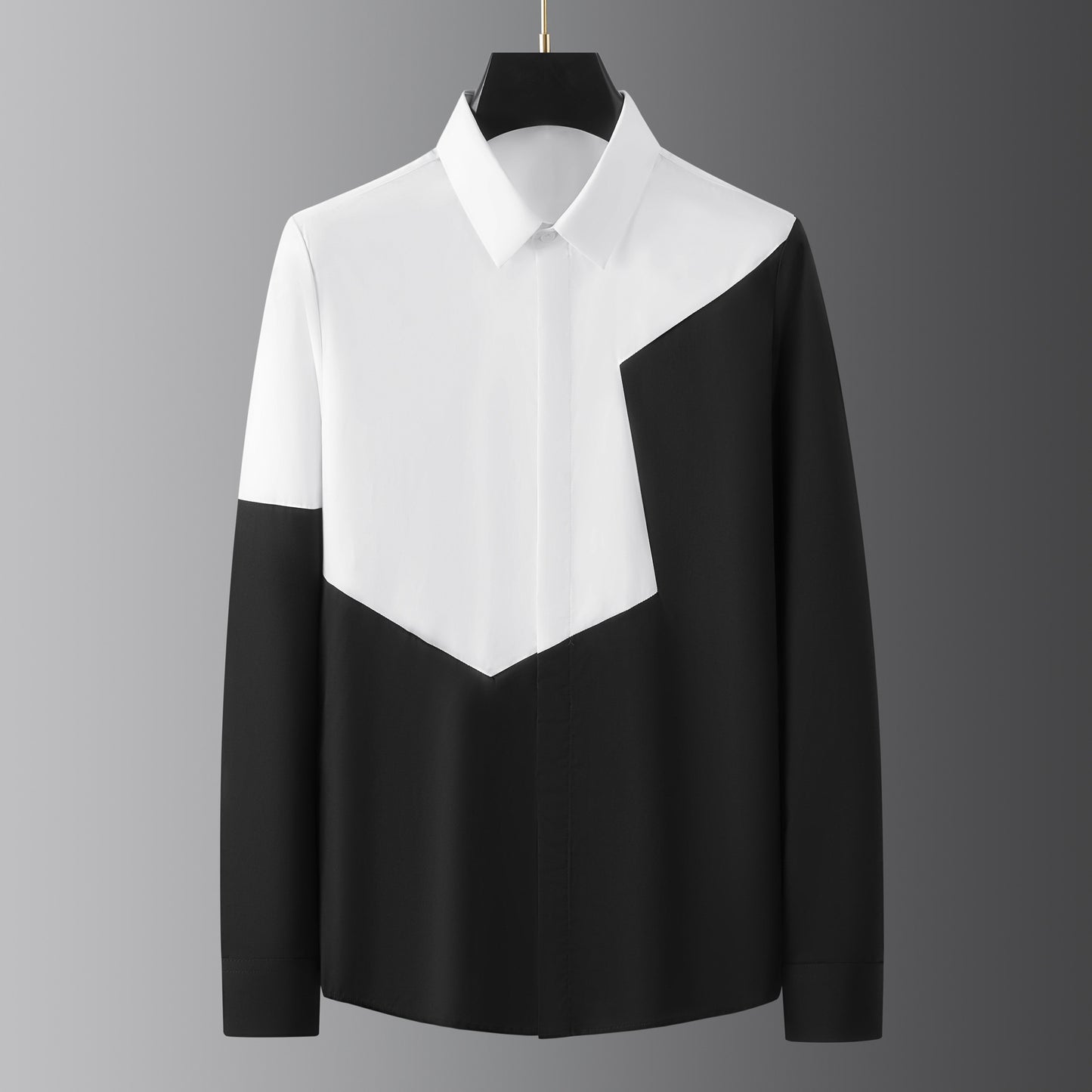 Black and white stitching men's long-sleeved shirt high-end handsome color matching men's long-sleeved shirt