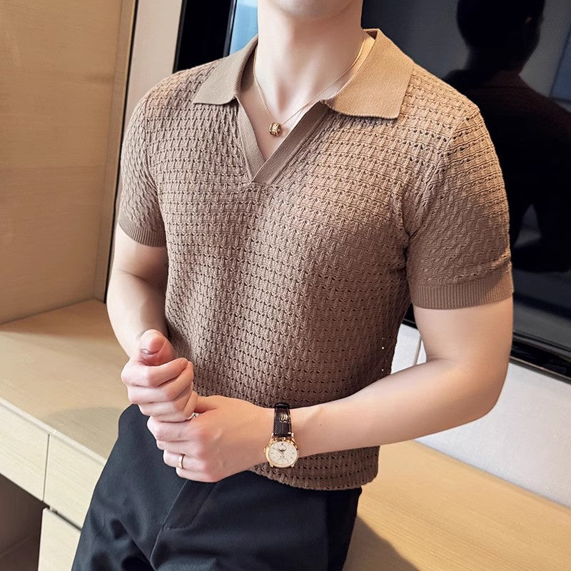 Hollow T-shirt knitted top cool ice silk thin casual half-sleeved Polo shirt trend