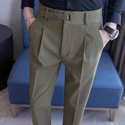 Business suit pants with drape and wrinkle resistance