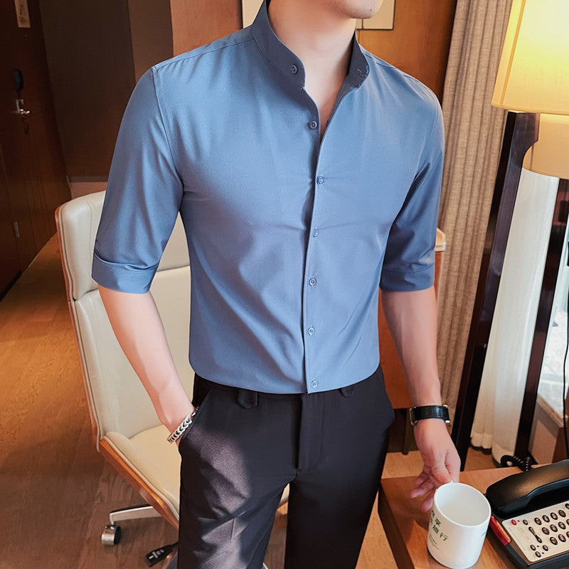 Easy-to-care stand-up collar high-end business mid-length sleeve trendy short-sleeved shirt