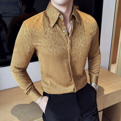 Dark Jacquard Lapel Floral Shirt Long Sleeve Casual Floral Shirt