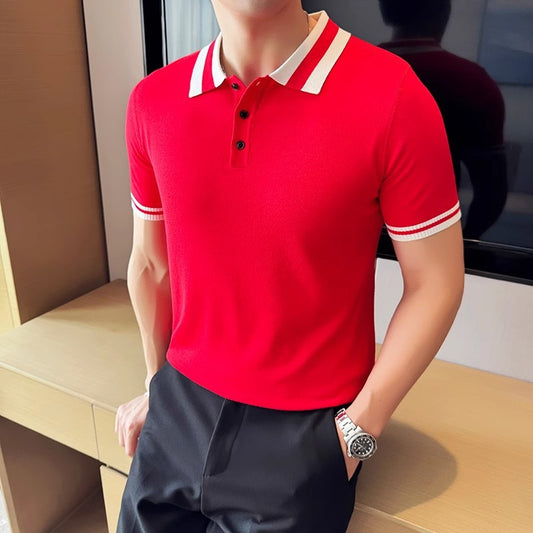 High-grade contrast color knitted short-sleeved Polo shirt ice silk thin T-shirt