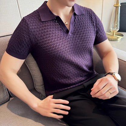 Hollow T-shirt knitted top cool ice silk thin casual half-sleeved Polo shirt trend