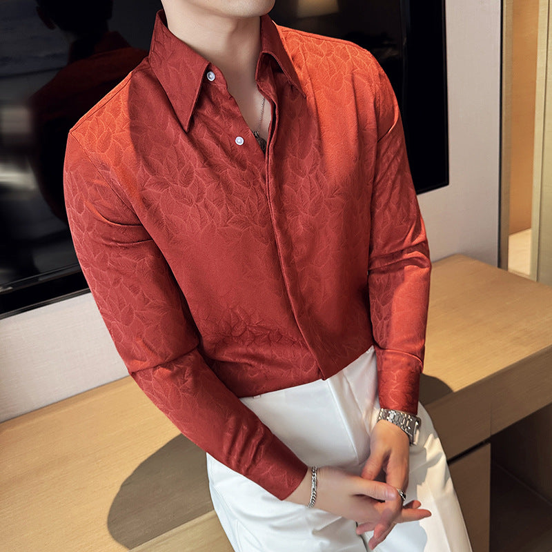 Dark Jacquard Lapel Floral Shirt Long Sleeve Casual Floral Shirt