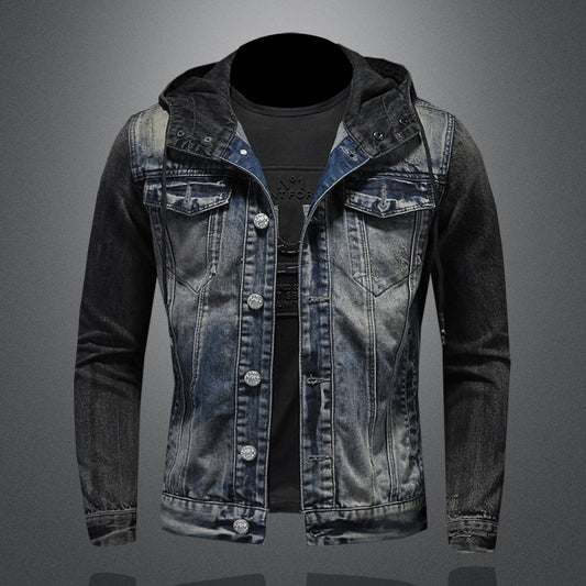 Fashionable hooded denim jacket Heavyweight personality casual denim slim fit