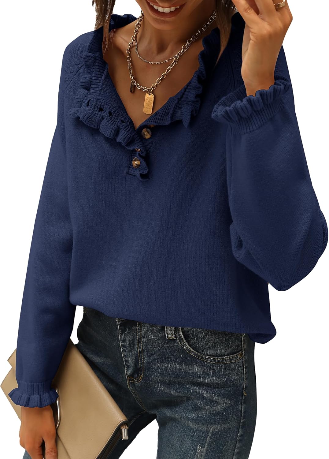 🔥Ruffle Trim Casual Knit Pullover Tops﻿