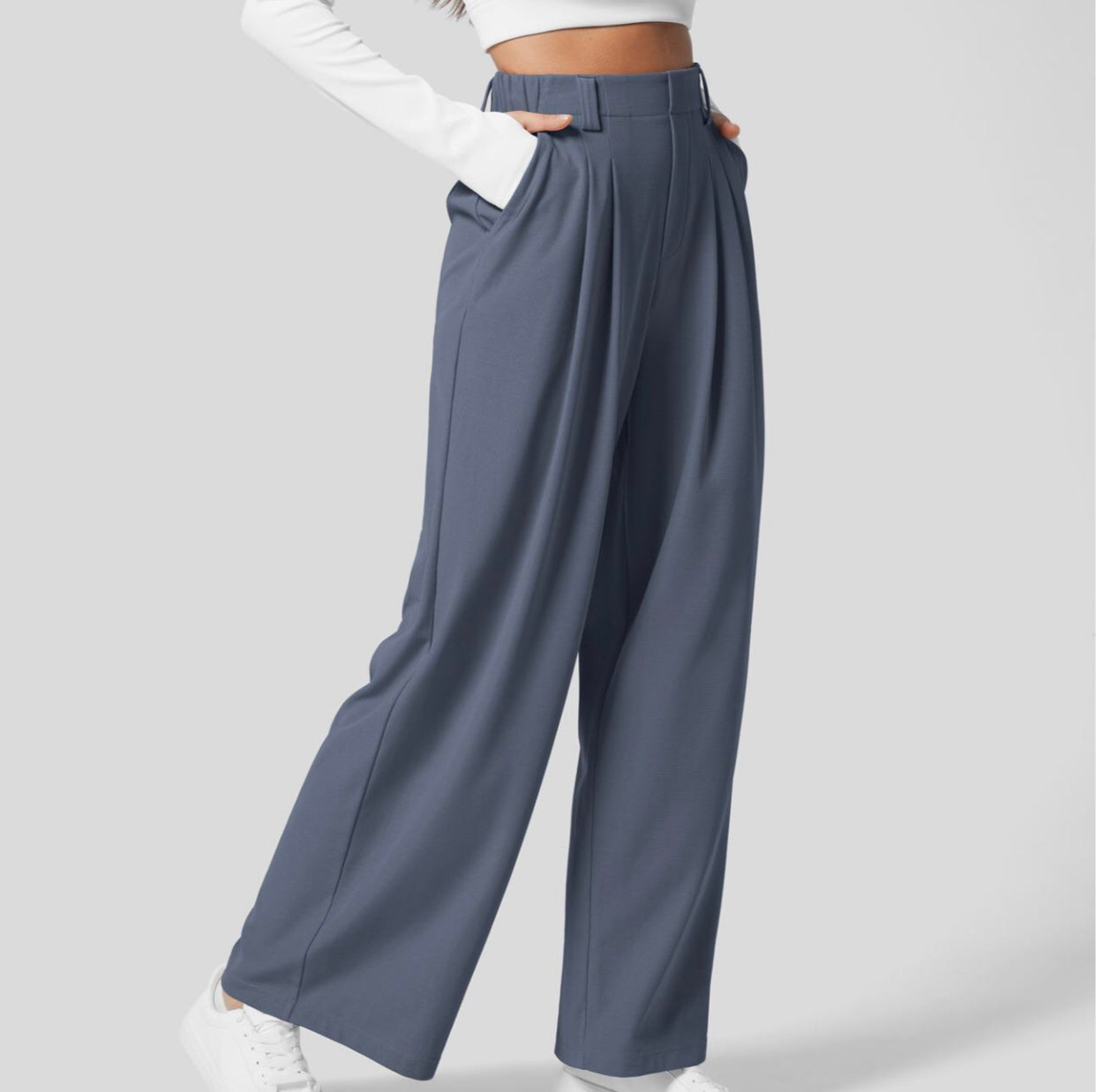 2025 High Waisted Plicated Side Pocket Wide Leg Waffle Casual Pants