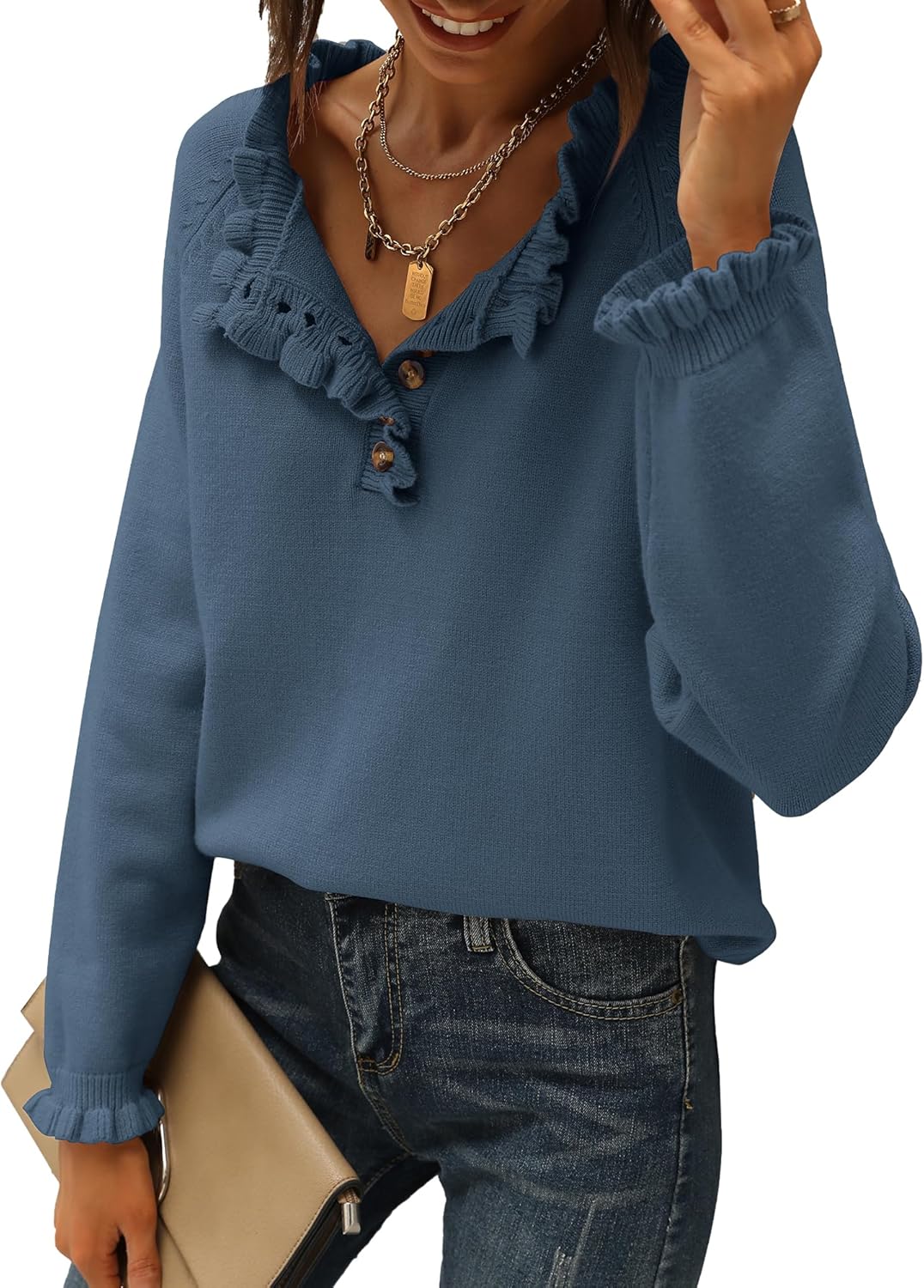 🔥Ruffle Trim Casual Knit Pullover Tops﻿