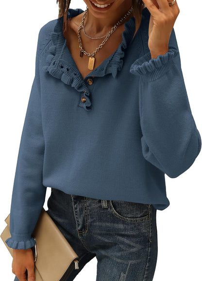 🔥Ruffle Trim Casual Knit Pullover Tops﻿