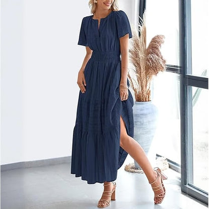 Casual Maxi Dress Lightweight Short Sleeve V Neck Boho Dress with Pockets