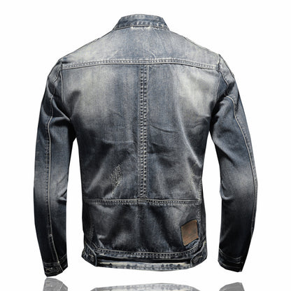 Fashion slim fit men's stand collar zipper Harley motorcycle denim jacket men's coat