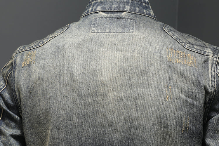 Men's spring denim jacket with stand collar and zipper