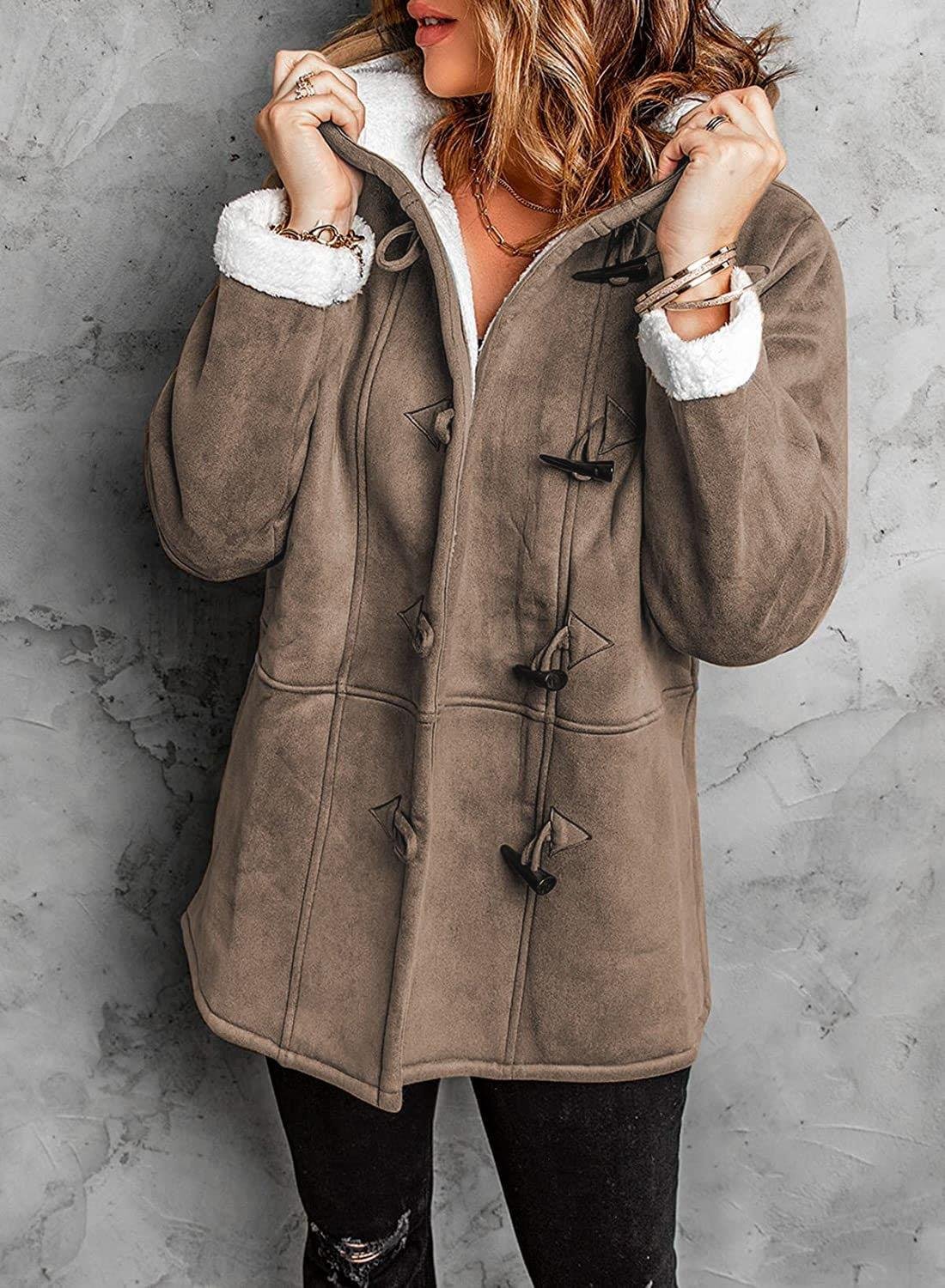 Women Hooded Velvet Horn Button Coat