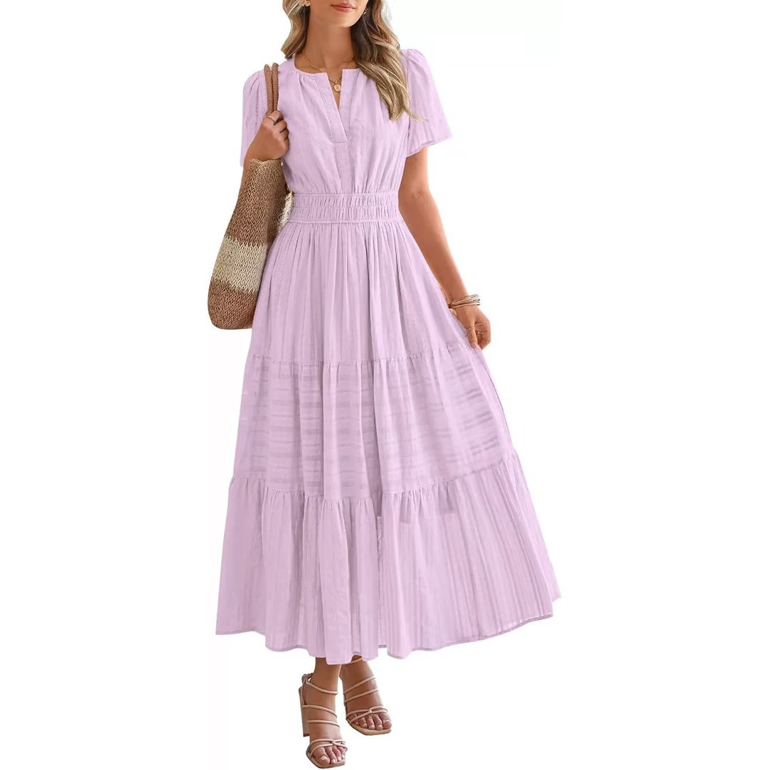 Casual Maxi Dress Lightweight Short Sleeve V Neck Boho Dress with Pockets