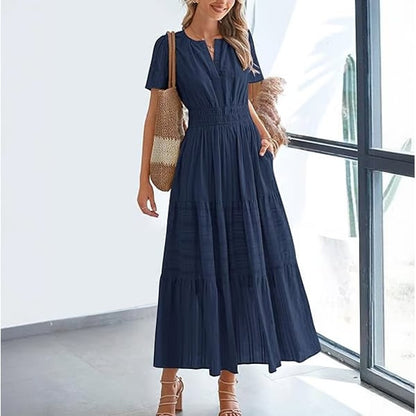 Casual Maxi Dress Lightweight Short Sleeve V Neck Boho Dress with Pockets