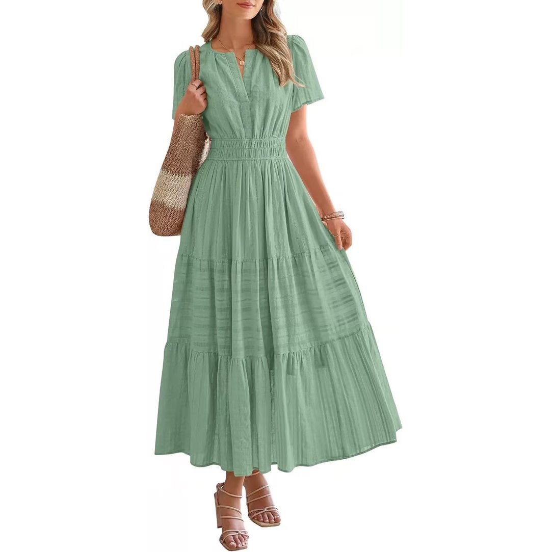 Casual Maxi Dress Lightweight Short Sleeve V Neck Boho Dress with Pockets