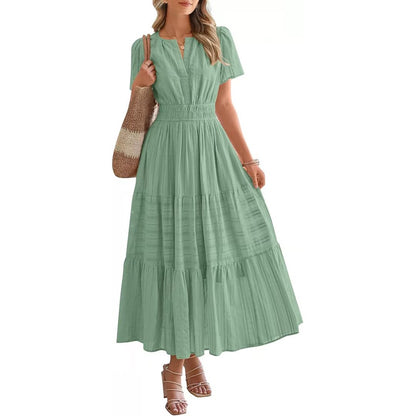 Casual Maxi Dress Lightweight Short Sleeve V Neck Boho Dress with Pockets