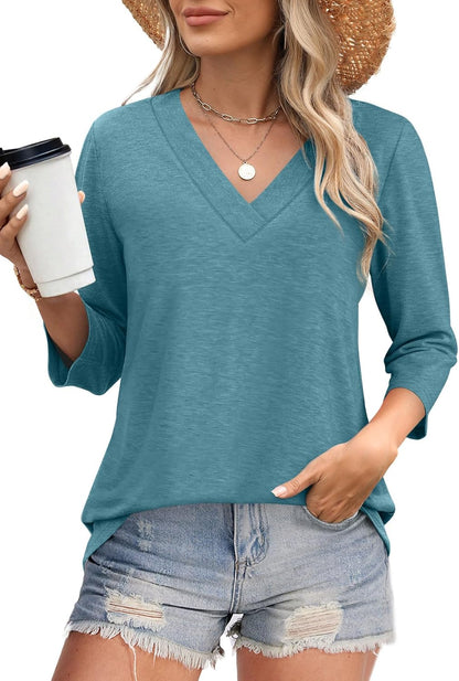 NEW🔥 Women's V Neck 3/4 Long Sleeve  Loose Fit  Tops