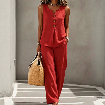 🏆 Best-Seller- Women's 2-Piece Set: V-Neck Button-Front Sleeveless Top & Trousers