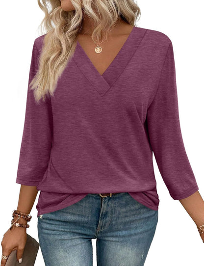 NEW🔥 Women's V Neck 3/4 Long Sleeve  Loose Fit  Tops