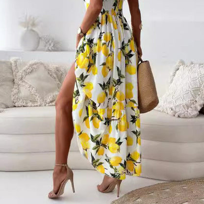 Women’s Elegant Lemon Print Spaghetti Strap Flowy Long Dress